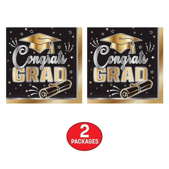 Beistle 6.5" x 6.5" Black & Gold Graduation 2-Ply Luncheon Napkins, 32ct.